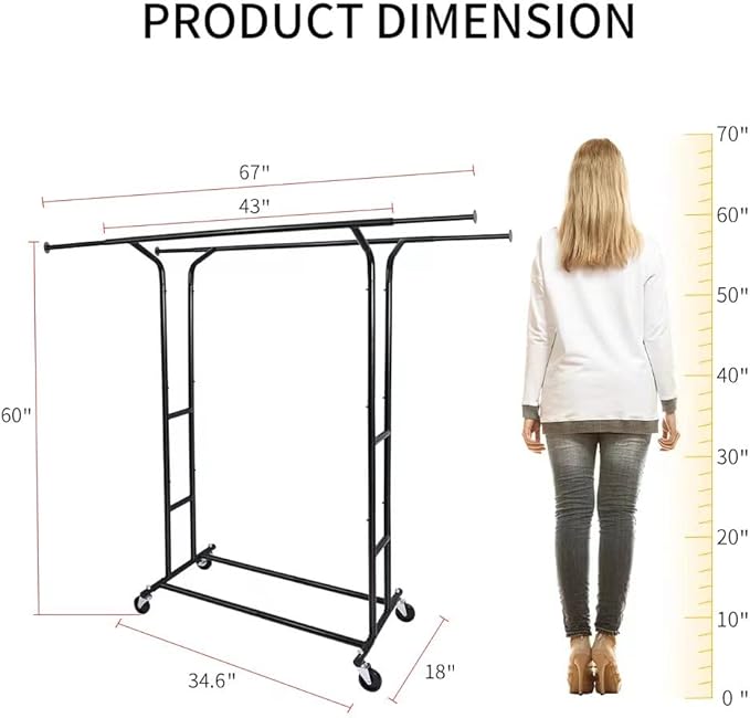 Fishat Black Heavy Duty Double Rod Garment Clothes Rack for Hanging Clothes, Rolling Organizer Commercial Metal with Lockable Wheels Mobile for Coats Dresses