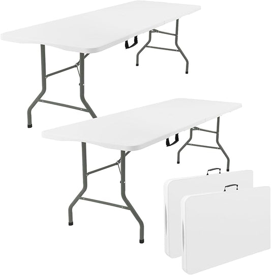 2 Pack 5 Feet Portable Folding Table White, Steel Legs Fold-in-Half with Carrying Handle Rectangular Plastic Foldable Table for Party, Wedding, Camping, Picnic, Dining, Indoor Outdoor Events (White)