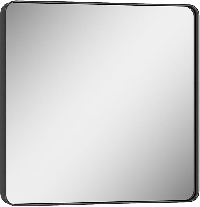 Keonjinn Black Bathroom Mirrors for Over Sink, 30 x 30 Inch Large Rounded Rectangle Bathroom Vanity Mirror, Matte Black Sandblasted Finish, HD Tempered Glass, Seamless Aluminum Alloy Frame Wall Mirror