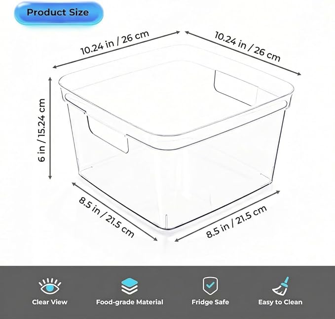 MOONEDGE 8-Pack Clear Cube Storage Bins, 10x10 Open-Top Plastic Organizer Boxes, Square PET Containers for Closet,Pantry,Kitchen,Fridge,Playroom,Bathroom,Undersink and Whole Home Organization