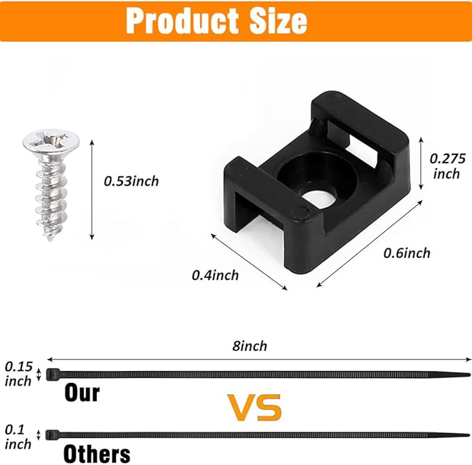 120 Set Black Cable Zip Tie Mounts Kit Wire Clips Organizer Holders Clamps with 0.6Inch Saddle Type Mounts Base with 8" Ties and Tapping Screw