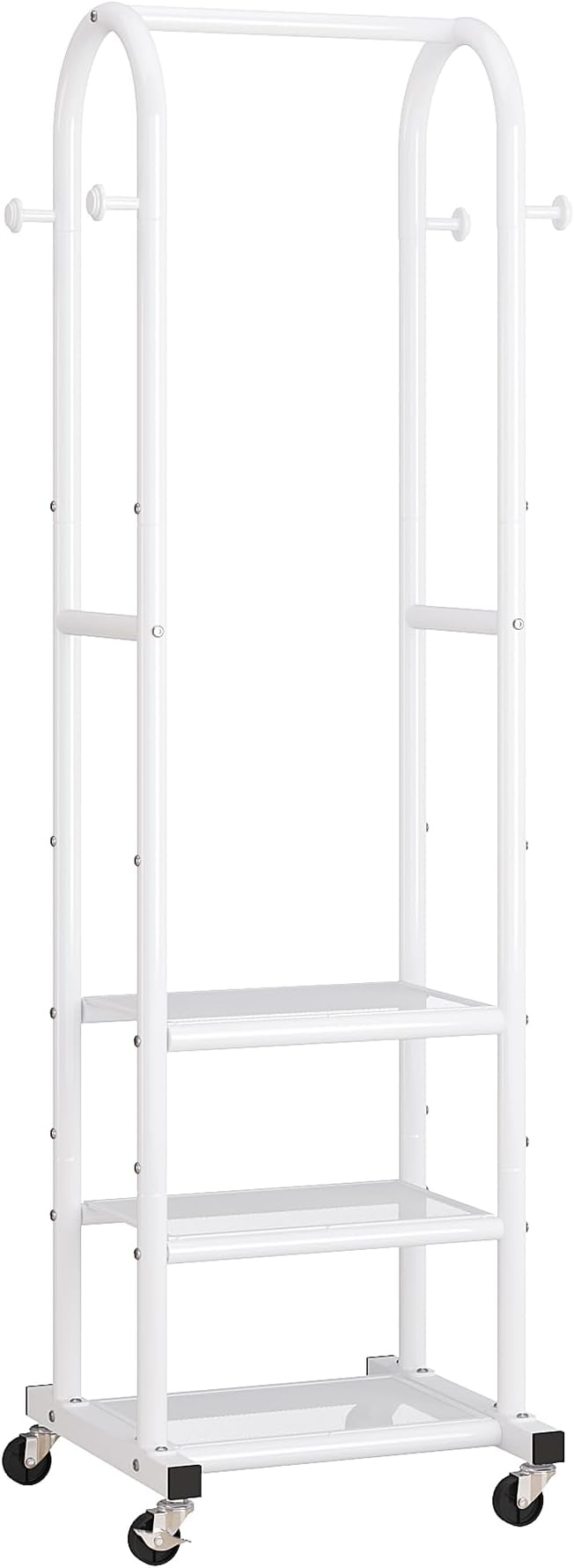 Dttwacoyh Narrow Hall Tree for Small Spaces,Space-Saving Solution for Tall Free Standing Metal Garment Rack with Shelves，Hook and Wheels for Entryway, Mud Room, Laundry Room,Bedroom- White