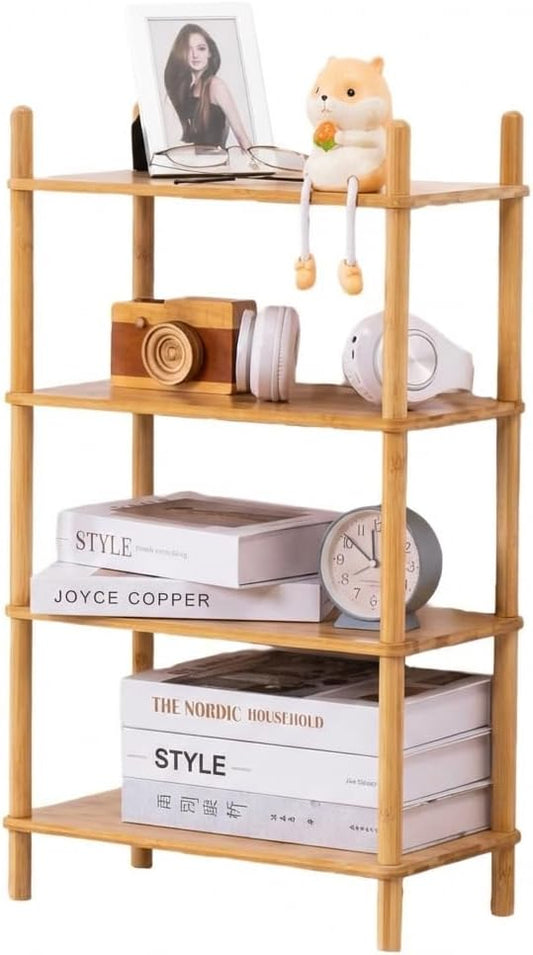 4-Tier Expandable Bamboo Desktop Organizer Shelf Kitchen Cabinet and Counter Riser Display Shelf for Top of Desk Home Office Bathroom Coffee Table Display Stand,Natural