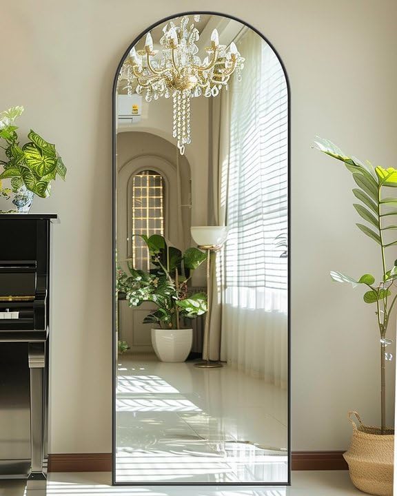 Antok Full Length Mirror, 59"x18" Floor Mirror with Stand, Hanging Mounted Mirrors for Bedroom, Living Room, Cloakroom, Dining Room, Black, Arched