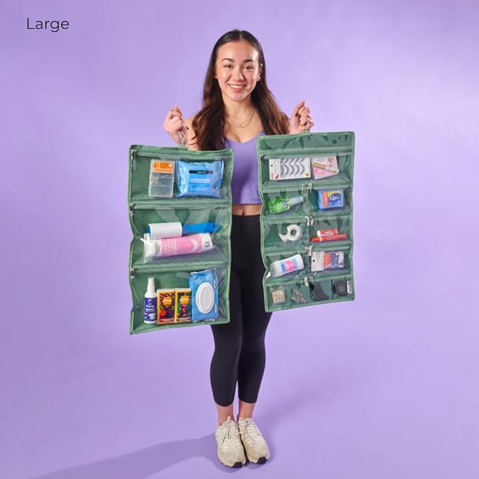 On-The-Go Organizer, 14 Clear Vinyl Pockets, Hanging Travel Case for Makeup and Accessories, 13.5 x 24 inches (Moss, Large)
