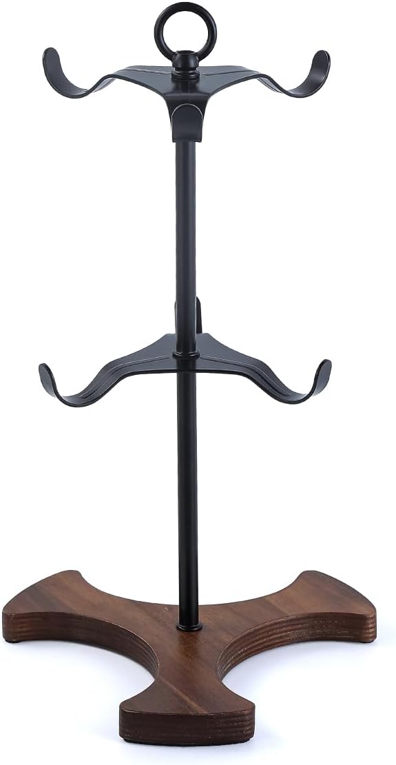 2-Tier Mug Tree Holder for Countertop - Matte Black Metal Coffee Cup Stand with Wood Base - Industrial 6-Hook Mug Rack Organizer for Kitchen Coffee Bar, Modern Farmhouse Decor