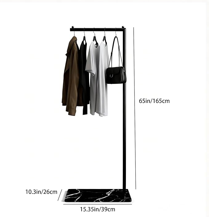 Black Clothing Rack with Marble Base,Freestanding Garment Rack for Hanging Clothes,Modern Coat Rack, Minimalist Clothes Rack for Small Spaces,Bedroom,Entryway,Boutique Display