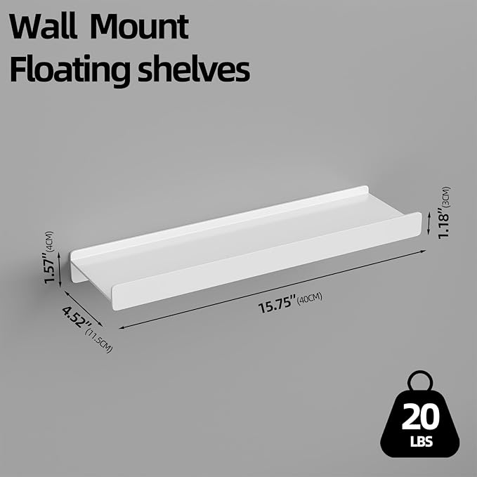 Floating Shelves for Wall, Wall Mounted Shelves with Lip for Storage, Metal Display Shelves for Home Decor, Kitchen/Living Room/Bedroom/Bathroom Shelf, White 16 inch 1 Pack