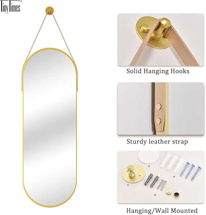 48"x16" Hanging Mirror with Leather Strap,Oval Full Length Mirror with Aluminum Frame Wall-Mounted Hanging Mirrors for Bathroom Vanity Living Room Bedroom Entryway Decor, Gold