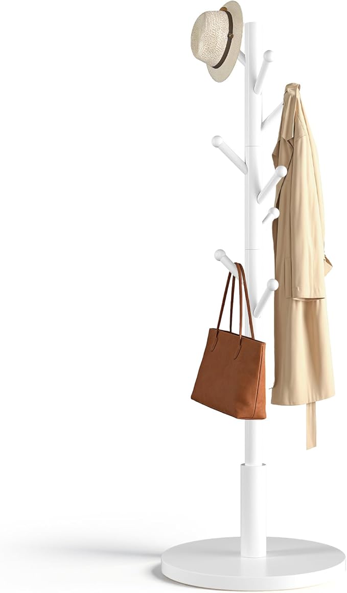 Coat Rack Freestanding Wooden Coat Tree Stand with 8 Round-tip Hooks, 3 Adjustable heights Coat Hat Rack for Entryway,Bedroom,Hallway,Office (White)