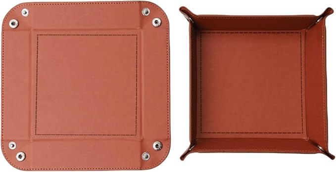 Valet Tray Desktop Storage Organizer – Vegan Leather Catchall Tray Bedside Vanity Tray Nightstand Caddy Holder for Remote Controller, Watch, Keys, Phone, Wallet, Coin, Jewelry, Brown