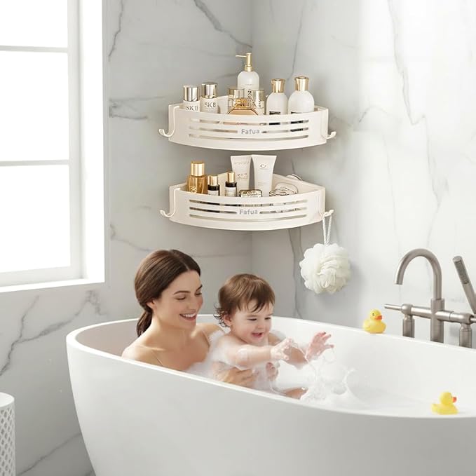 Corner Shower Caddy Suction Cup, No-Drilling Hanging Shower Shelves with Hooks, Waterproof & Rustproof Removable Shower Organizer for Bathroom Storage
