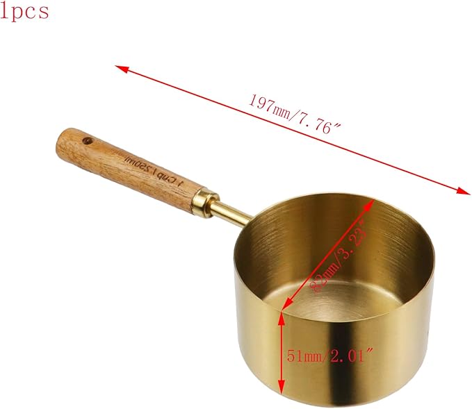 1 Cup Measuring Cup with Wooden Handle, 250ml Stainless Steel Measuring Scoop 1 Cup Measuring Cups for Baking Cooking Wet and Dry Ingredients (250ml)