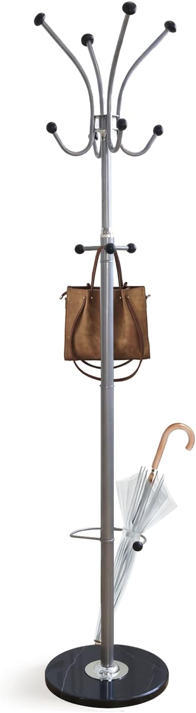 Metal Coat Rack Freestanding with Natural Marble Base, coat rack stand with 11 Hooks & Umbrella Holder, heavy duty coat rack for Coats Hats for Entryway Bedroom Office（silvery）