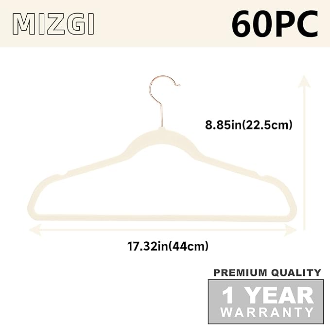 MIZGI Premium Velvet Suit Hangers with Rose Gold Hooks (60 Pack) - Space Saving, Non Slip Felt, Ivory