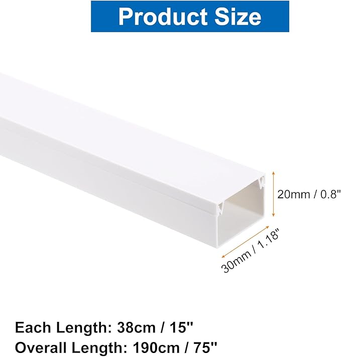 HARFINGTON 5pcs Cord Hider Wall 15inx1.18inx0.8in (LxWxH) PVC Cable Cover Self Adhesive Wire Hider Wall Mounted TV Cable Raceway for Cables Management (75in Total Length),White