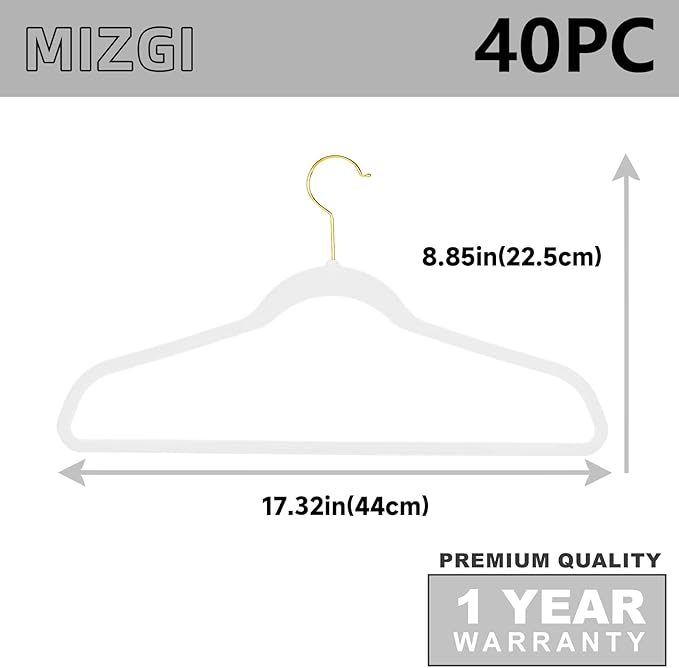 MIZGI White Velvet Hangers 40 Pack,Premium Gold Clothes Hangers Non-Slip Felt Hangers,Sturdy White Hangers Heavy Duty Coat Hangers,Durable Suit Hangers for Space Saving, No Hanger Marks