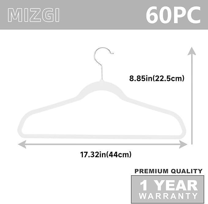 MIZGI White Velvet Hangers 60 Pack,Premium Chrome Clothes Hangers Non-Slip Felt Hangers,Sturdy White Hangers Heavy Duty Coat Hangers,Durable Suit Hangers for Space Saving, No Flocked Hanger Marks