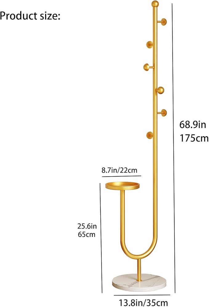 Coat Rack,Metal Free Standing Coat Stand with marble base, Hall Coat Tree with 6 Hooks and Storage Tray,68.9 Inch Tall, for Coats, Hats, Bags, for Entryway, Hallway, Bedroom