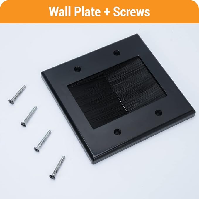 2 Gang Brush Wall Plate (Black, 4 Pack), Double Gang Cable Wall Plate for Power Cords, Low Voltage Cables and Wires in-Wall Hiding