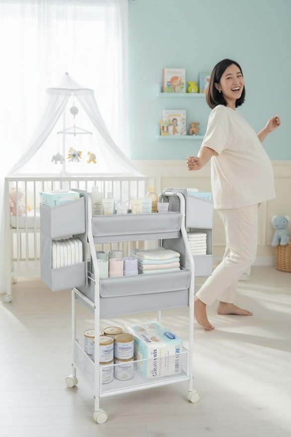 Moteph Rolling Utility Cart with Side Storage, 3-Tier Diaper Cart & Baby Caddy Organizer for Nursery Essentials, Bedside/Postpartum Nursing Cart, Craft & Art Storage Organizer, Rolling Book Cart