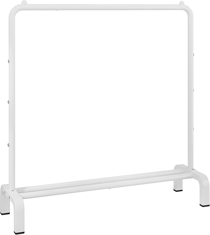 JIUYOTREE Metal Clothing Rack, 43.3 Inches Clothes Garment Coat Rack with Bottom Shelf for Hanging Skirts, Shirts, Sweaters, White