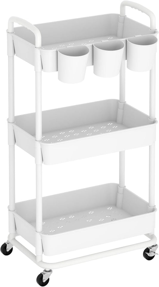 3-Tier Baby Diaper Caddy Organizer Cart with Locking Wheels & Hanging Cups - Rolling Storage Cart for Nursery, Changing Table, Baby Essentials, White