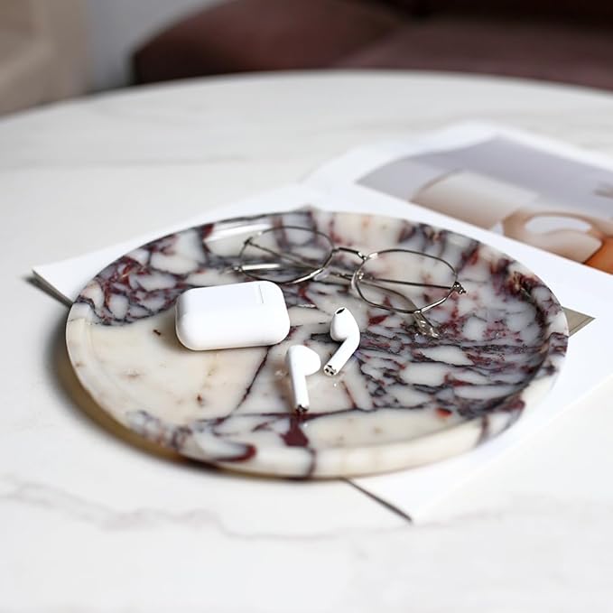 DUANYAN Natural Marble Tray, Coffee Table, Food, Fruit, Paper Cup, Cake Display, Coffee bar, Family Gatherings, Seasonal Holiday Decoration Tray(Viola-circular-9.8"x9.8"x0.7")