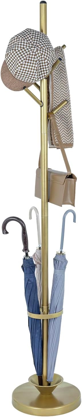 MyGift Freestanding Coat Rack, Modern Brass Tone Metal Hat Organizer Tree and Umbrella Holder Stand with 6 Hanger Hooks for Hanging Clothes Purse Bag Jacket