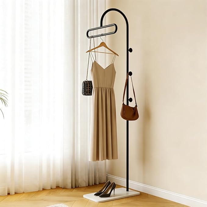 Coat Rack Freestanding Clothes Rack with Hooks & Marble Base, Heavy Duty Coat Hanger Stable Coat Stand for Entryway Bedroom, Hanging Garment Rack Hall Tree for Clothing Ties Hats Bags Purses (Black)
