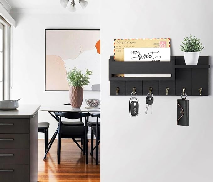 RelaxScene Key Holder Wall Mount - Decorative Key Rack and Mail Organizer with 6 Key Hooks - Wooden Key Hanger with Shelf for Living Room Decor - Rustic Farmhouse Home Entryway Aesthetic Essentials
