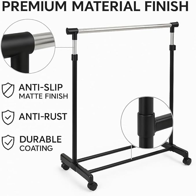 Heavy Duty Garment Rack with Sturdy Wheels | 450 lb Load Capacity | Adjustable Metal Clothing Anti-Slip Rack for Hanging Clothes, Lockable for Stability (Double Rod)