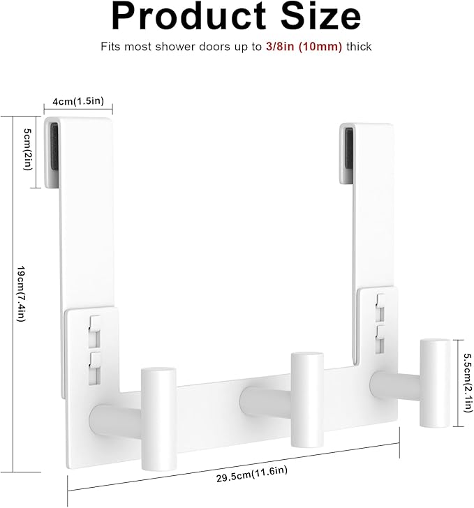 PMMASTO No-Drill Extra Long Shower Hooks, Fits 3/8" Thick Door, Heavy Duty Stainless Steel Towel Hooks for Frameless Glass Shower Door, Holds Bathrobe Towel (White, 3 T-Hooks)
