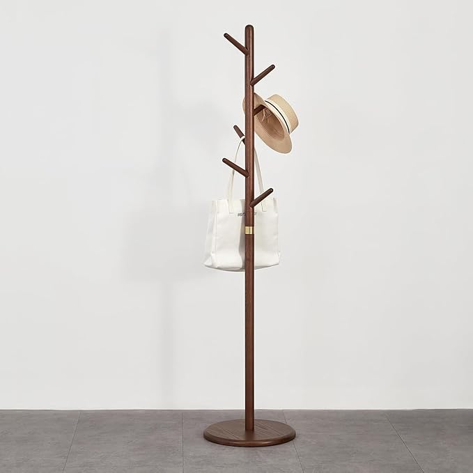 Coat Rack, Solid Wood Coat Rack Freestanding with 6 Hooks, Wooden Coat Tree Freestanding for Hats, Handbags, Coat Stand for Entryway, Bedroom, Hallway - Ideal Gift (Walnut)