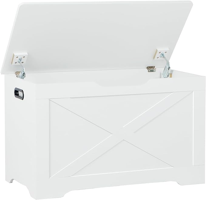 Timberer Storage Chest, Wooden Storage Bench, Entryway Shoes Bench with 2 Safety Hinges, Retro Storage Trunk for Living Room, Bedroom, 15.7 x 31.5 x 18.9 Inches, White