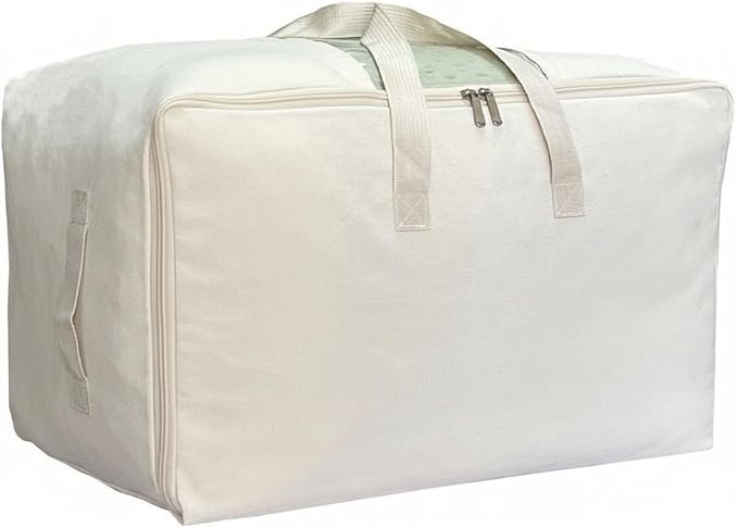 DoYiKe Soft Large Canvas Comforter Storage Bags with Four Carrying Handles and Clear Window, Closet Organizer for Clothing, Blankets Sheets Pillows and Bedding, 80L, Beige