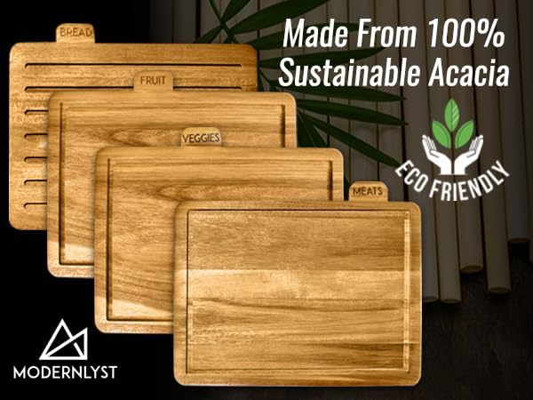 Acacia Cutting Boards for Kitchen with Holder 13" x 11" x 2.5" | Labeled Wood Cutting Board Sets | Large Wooden Cutting Board Set with Black Organized Stand (Acacia White Holder)