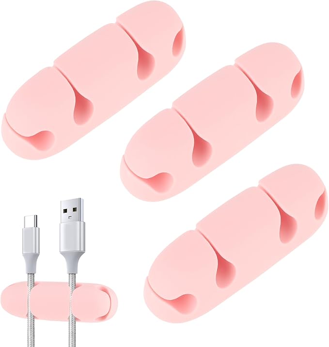 Mabor 3PCS Cable Clips Cord Wire Organizer Electrical Cable Management Holders 4 Hole Silicone Cable Harness USB Charging Accessory Cute Cable Holder for Office and Home Desk (Pink)