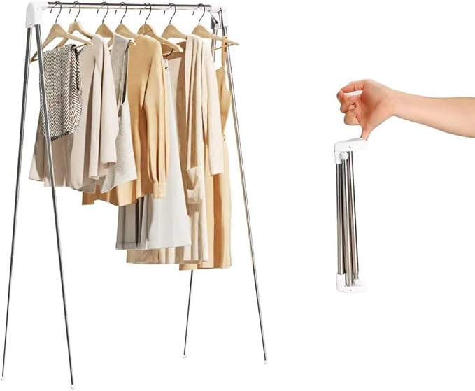 Travel Garment Rack,Portable and Foldable，Folding Clothes Rack for Dance,Travel,Camping, Drying,RV, Indoor,Outdoor. A Collapsible Mini Clothing Rack., Matte White