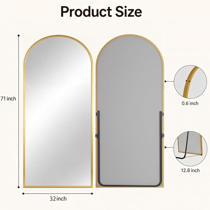 Antok Full Length Mirror, 71"x32" Floor Mirror with Stand, Hanging Mounted Mirrors for Bedroom, Living Room, Cloakroom, Dining Room, Gold, Arched