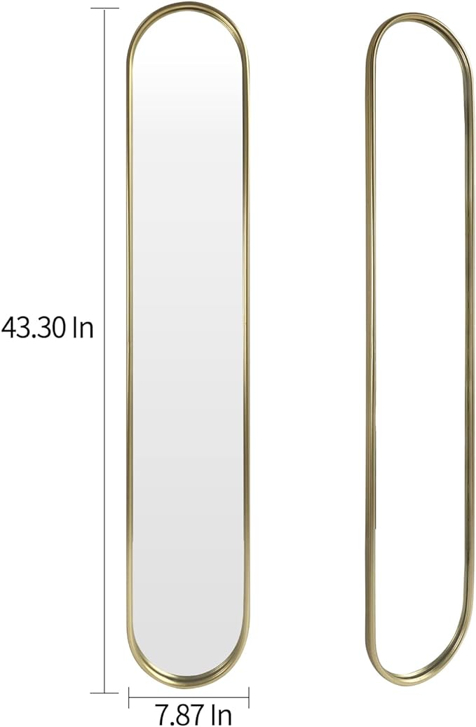 OUSHUAI Gold Full Length Oval Mirror,Narrow Capsule Long Mirrors with Metal Frame for Entryway,Hallway,Living Room 44"X8" (1pc)