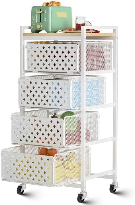 5 Tier Kitchen Storage Cart with Wheels, Utility Fruit Vegetable Storage Rack Stand with Pull-Out Baskets & Wood Top, Metal 4-Drawers Rolling Snack Cart, Kitchen Cart for Potato Onion(White)