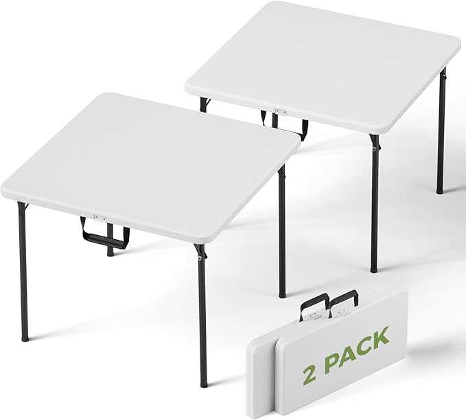 Folding Table 2 Pack, 36 Inch Square Foldable Card Tables, No Assembly Portable Folding Tables, Heavy Duty Fold-in-Half Tables with Carry Handles for Camping, Picnic, Parties, RV Travel & Indoor Use