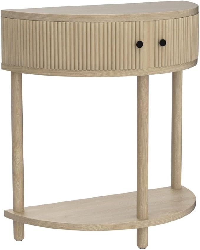 Stead Fluted Half Moon Shaped Console Table, Small Entry Desk, Living Room Furniture, Modern Home Decor, Solid Wood Entryway Table with Two Doors and Black Knobs (Natural Oak)