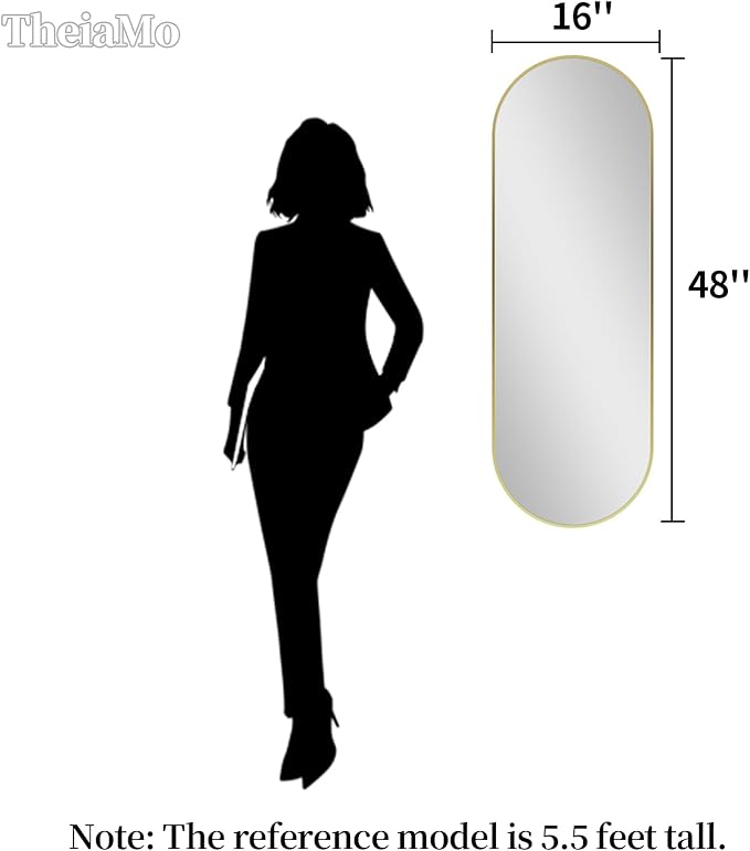 Oval Full Length Mirror, 48"×16" Wall-Mounted Mirror with Gold Frame in Shiny Gold, Ultra-Clear Explosion-Proof Dressing Mirror, Simple & Classic Deco for Cloakroom/Bedroom/Living Room