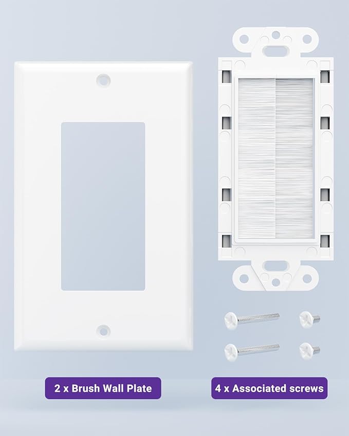 VCE Brush Wall Plate Cable Pass Through, Single Gang Decorator Wall Cover for Low Voltage Cables, In-Wall Cable Management for Wall Mount TV (White), 2-Pack