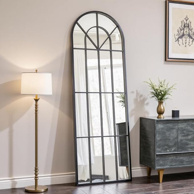 OGCAU Full Length Mirror, 65"x22" Arched Window Floor Length Mirror, Hanging or Leaning, Full Body with Iron Frame, Window Pane Wall Mounted Home Decor for Bedroom Living Room (Black)
