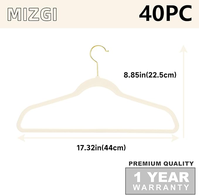 MIZGI Ivory Velvet Hangers 40 Pack,Premium Gold Clothes Hangers Non-Slip Felt Hangers,Sturdy Ivory Hangers Heavy Duty Coat Hangers,Durable Suit Hangers for Space Saving, No Flocked Hanger Marks