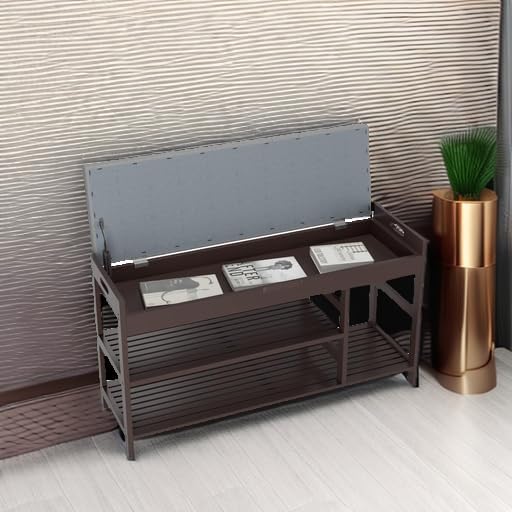 HIFIT 2-Tier Entryway Shoe Rack Bench with Storage, 36 in Bamboo Storage Bench with Padded Seat, Shoe Oiganizer Shelf for Entryway Mudroom Bathroom Foyer, Vintage