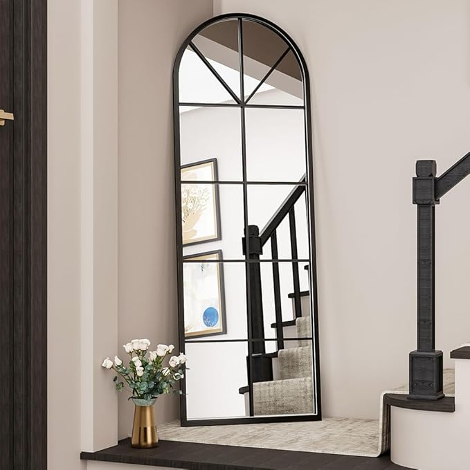 OGCAU Full Length Arched Floor Mirror, 65"x22" Window Pane Design, Decorative Hanging or Leaning, Full Body with Iron Frame for Bedroom Living Room (Black)